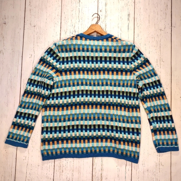 Talbots Cotton Geometric Stripe Block Open Front Cardigan Blue - Picture 4 of 9